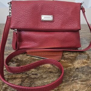 Nine West Red Pebbled Leather Crossbody Bag Foldover Clutch Convertible Purse